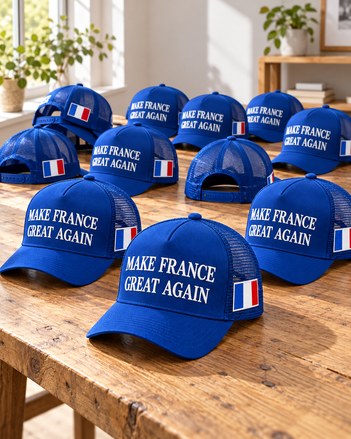 Casquettes bleu royal disposées sur une table en bois