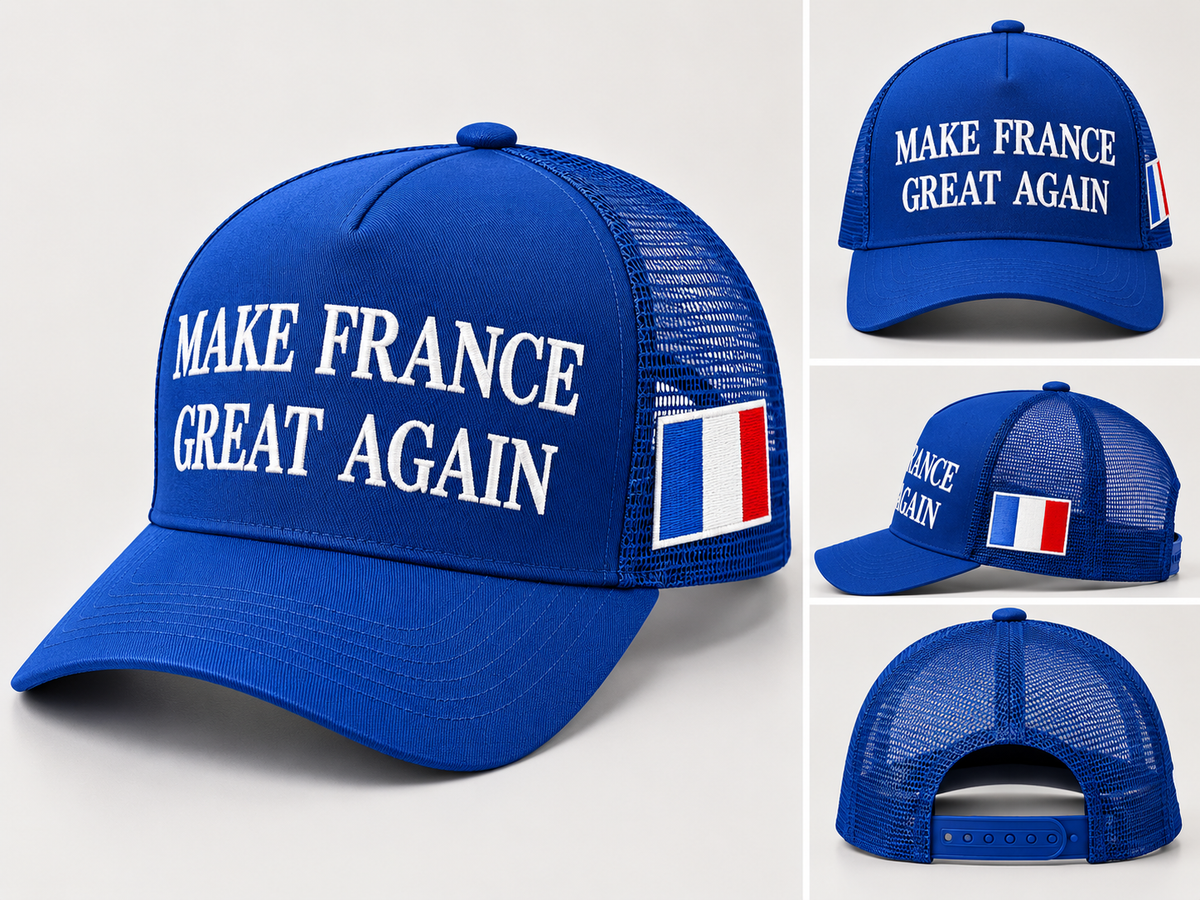 Casquette Make France Great Again bleue, vues avant, côté et arrière