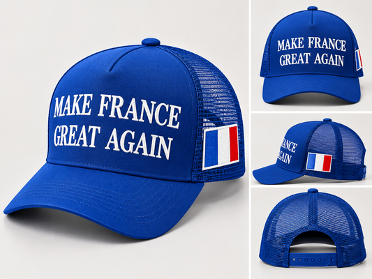 Casquette Make France Great Again bleue, vues avant, côté et arrière